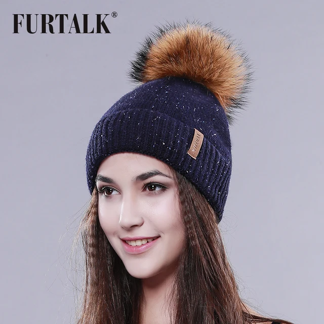 FURTALK Warm Lining Raccoon Fur Pom Pom Hat Wool Hat Women Winter Fur Hat