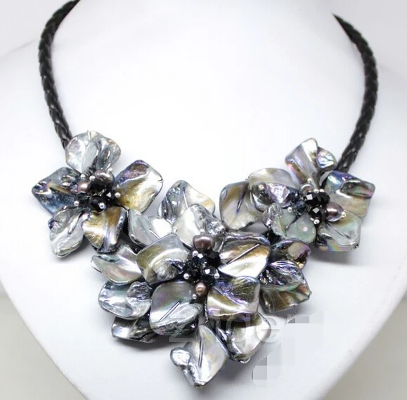 

Hot sell Noble- hot sell new - Handmade flowers shell necklace mother of pearl crystal pendants black 18" AAA style Fine Noble r