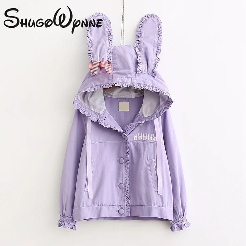 

Spring Autumn Women Jacket Japanese Style Mori Girl Lolita Kawaii Cartoon Rabbit Ear Loose Hooded Coat Cotton Female Outerwear
