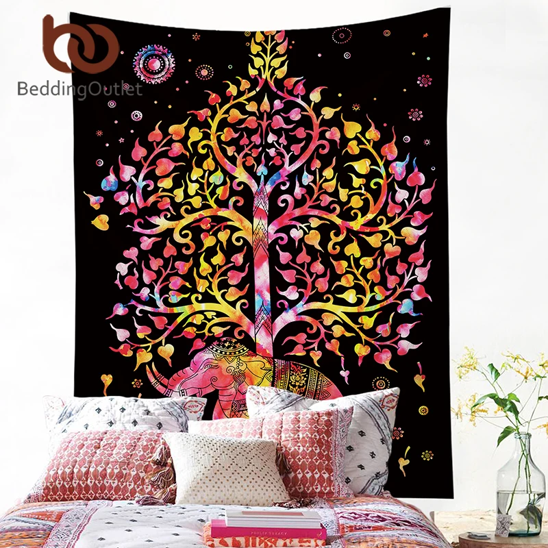 BeddingOutlet 5 قطعة السرير في حقيبة الملونة الفيل طقم سرير شجرة نمط بوهيميا المفرش الأسود السرير غطاء USA حجم