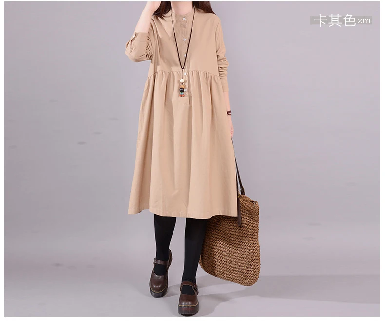 9521 Oversize Dresses Women Long Sleeve Elegant Loose Casual Dress Large Size Solid Button Vintage Cotton Linen Dress Vestidos Mujer 1