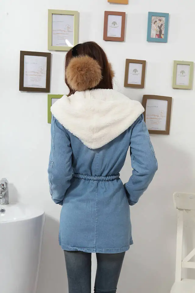 Джинсовая куртка женская из овечьей шерсти зимнее пальто Длинная толстая парка с хлопковой подкладкой