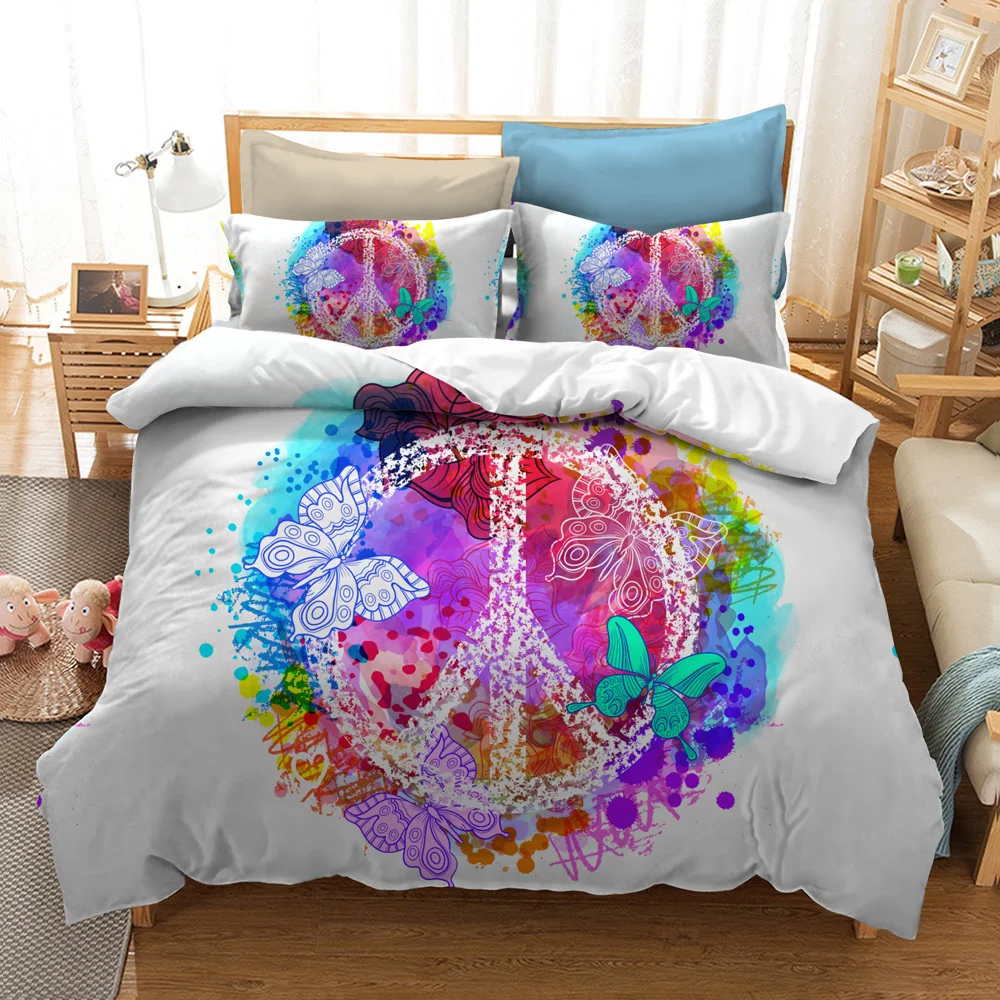 

Cilected 3D Hippie Peace Design Bed Set 2/3 Pcs Watercolor Butterfly Printed Quilt Cover With Pillowcases Peace Bed Line King