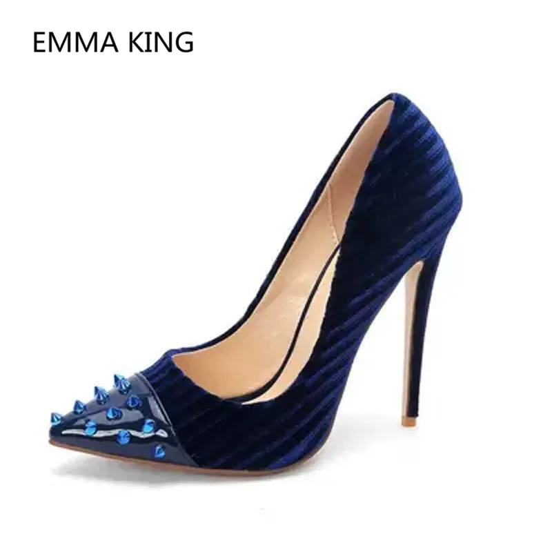 

Luxury Velvet Sexy High Heels Women Pumps Rivets Studded Toe Designer Runway Shoes Woman Party Dress Banquet Shoes Fashion Pump