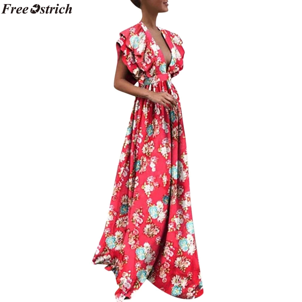 

FREE OSTRICH Women Sexy Print V-Neck Petal Sleeve Backless Sleeveless Long Dress Ladies Bohemian Sleeve Patchwork Maxi Dress