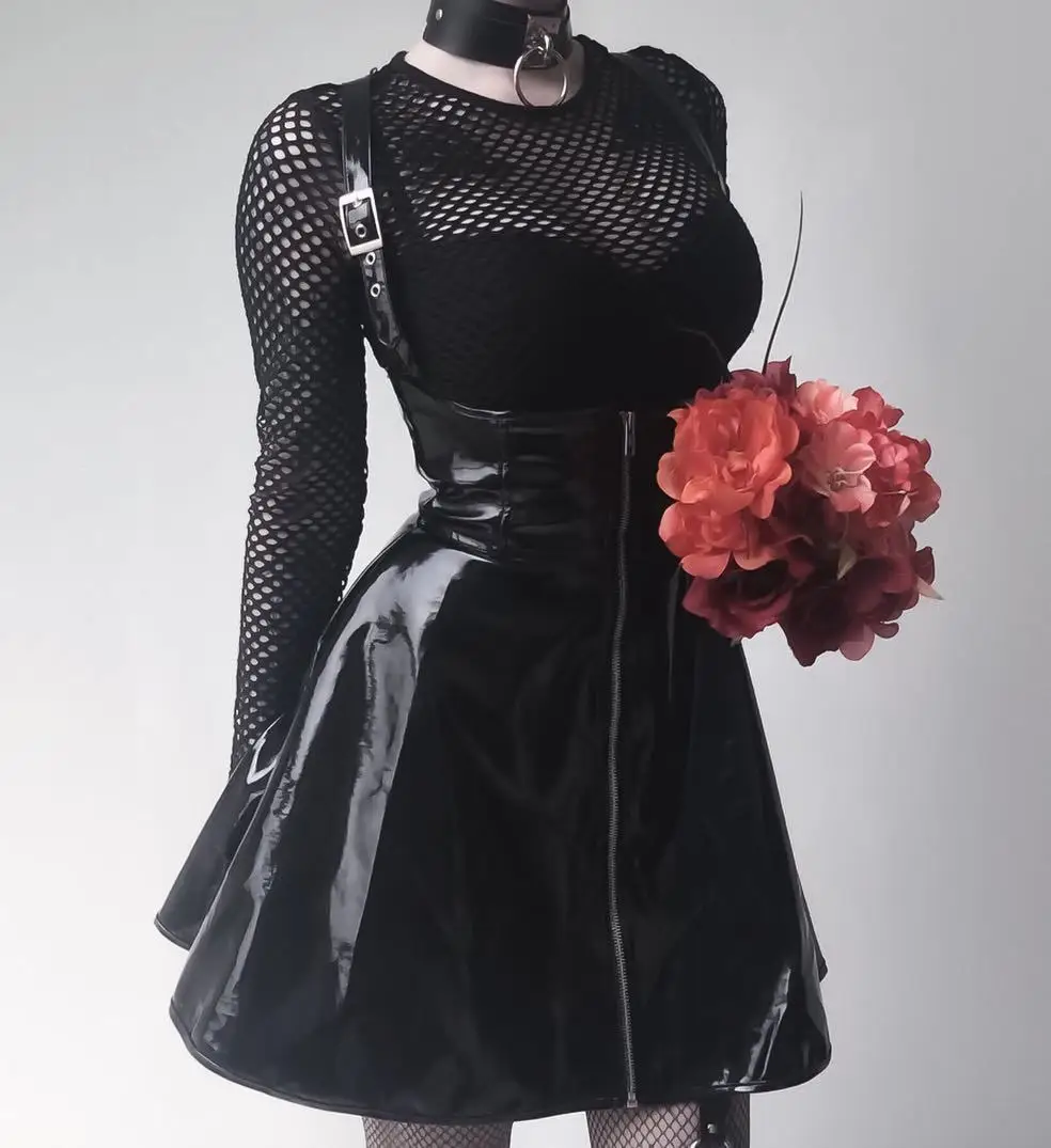 Liser Для женщин готика сексуальное Клубное платье черного цвета в стиле панк на молнии куртка Винтаж платье для девочек в стиле «панк» из искусственной кожи на тонких платье
