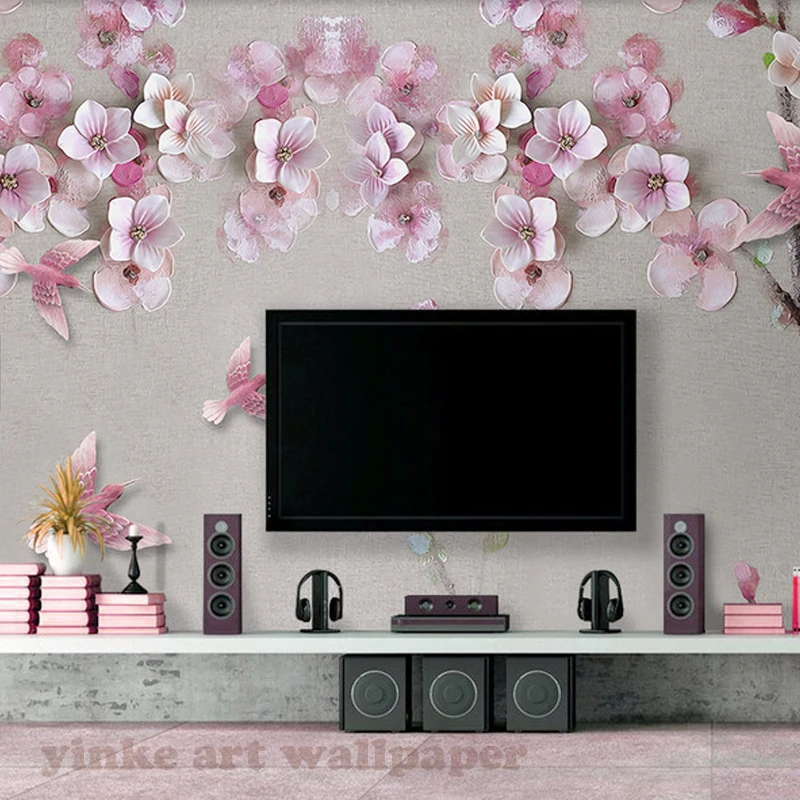 カスタム写真壁紙3d花壁紙紫色の桃の花3dレリーフ壁紙用ソファテレビの背景リビングルーム Aliexpress