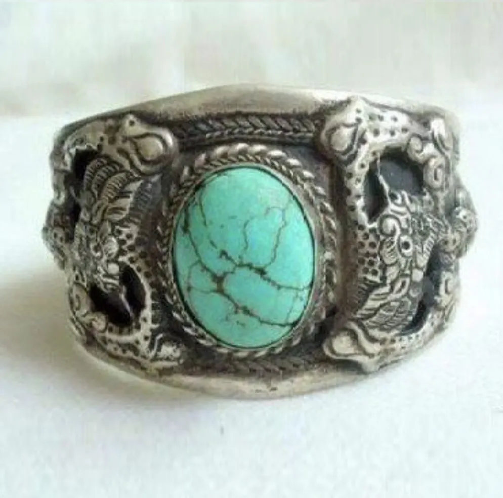 

hot sell new - Handcrafted Ethnic Carve Flower dragon Men's tibet silver inlay turquoises cuff bracelet bangle