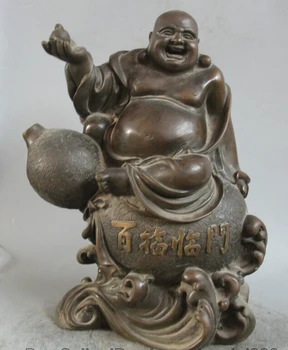 

USPS to USA S2276 17" Chinese Bronze Seat calabash cucurbit Happy Laugh Maitreya Buddha Statue