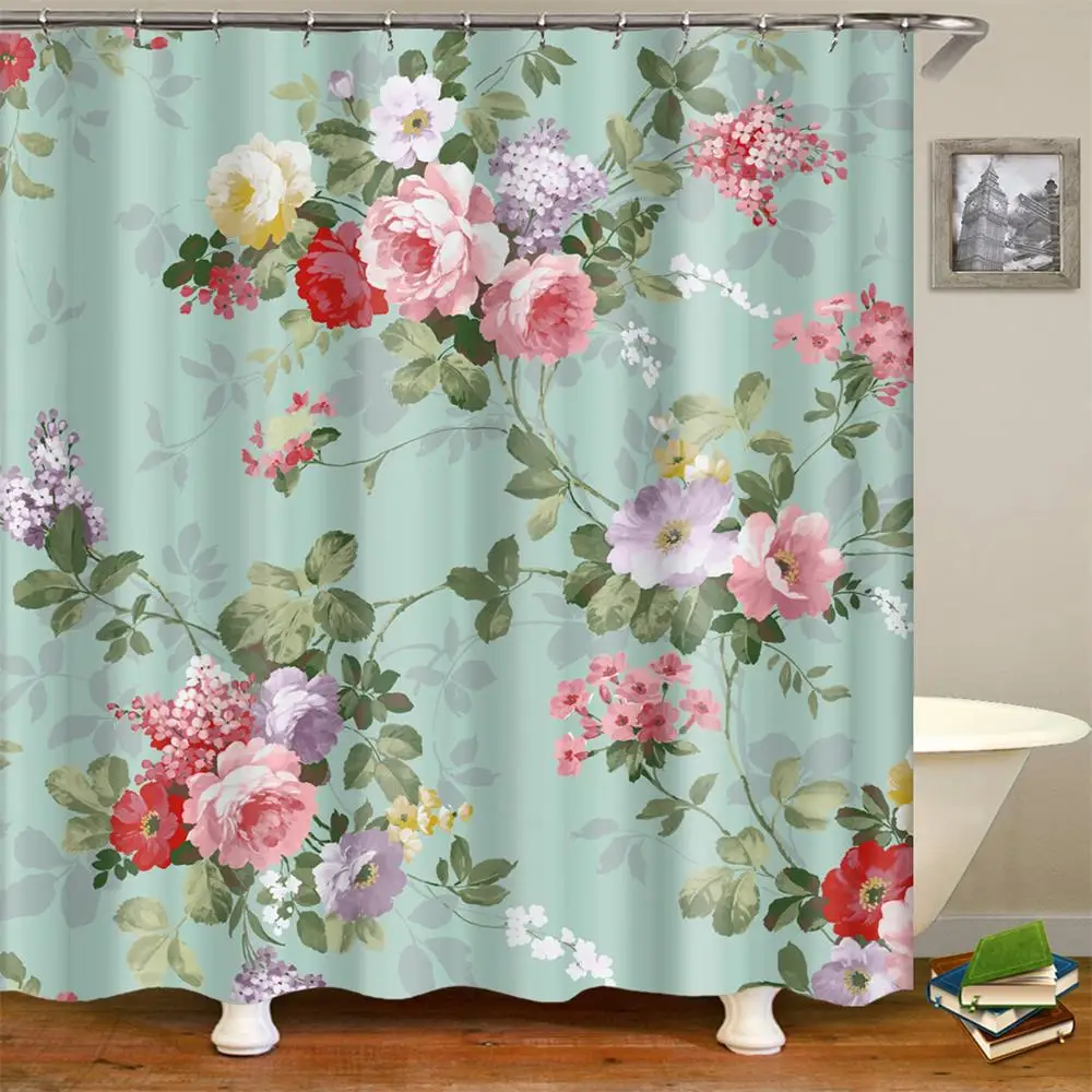 

Floral Shower Curtain Vibrant Colored Flowers Leaves Nature Scenery Fabric Bathroom Decor Set with Hooks