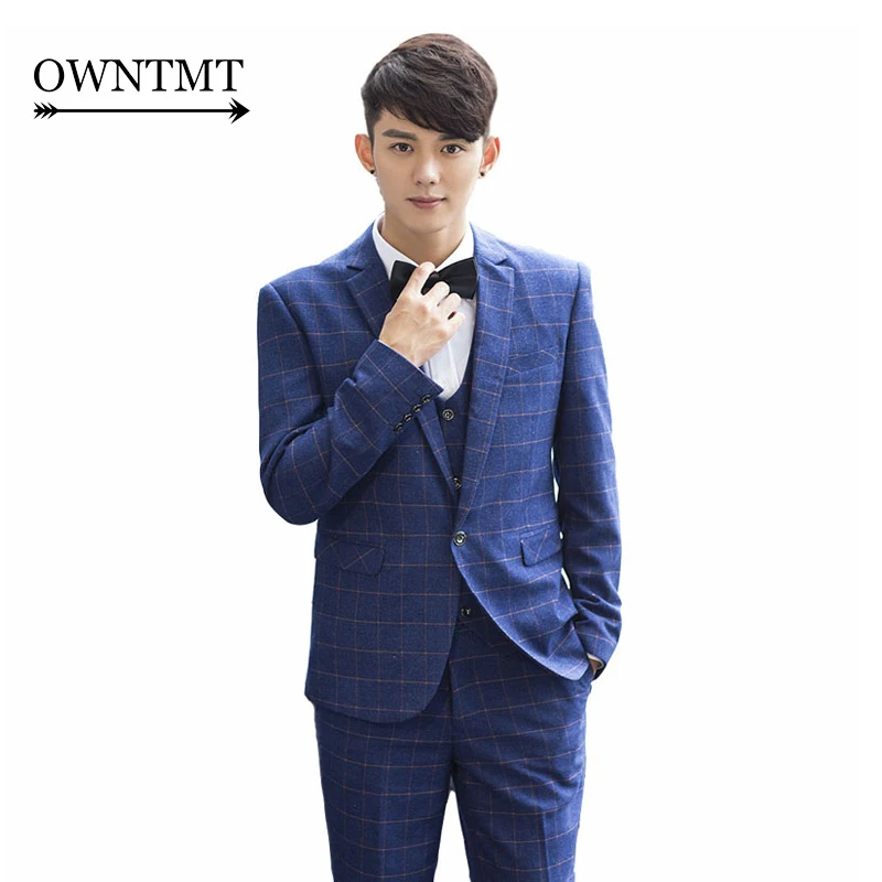 2017 NOUVEAU Mode Homme Bleu Noir Plaid Costumes Homme Slim Angleterre Style De Mariage Marié Costume