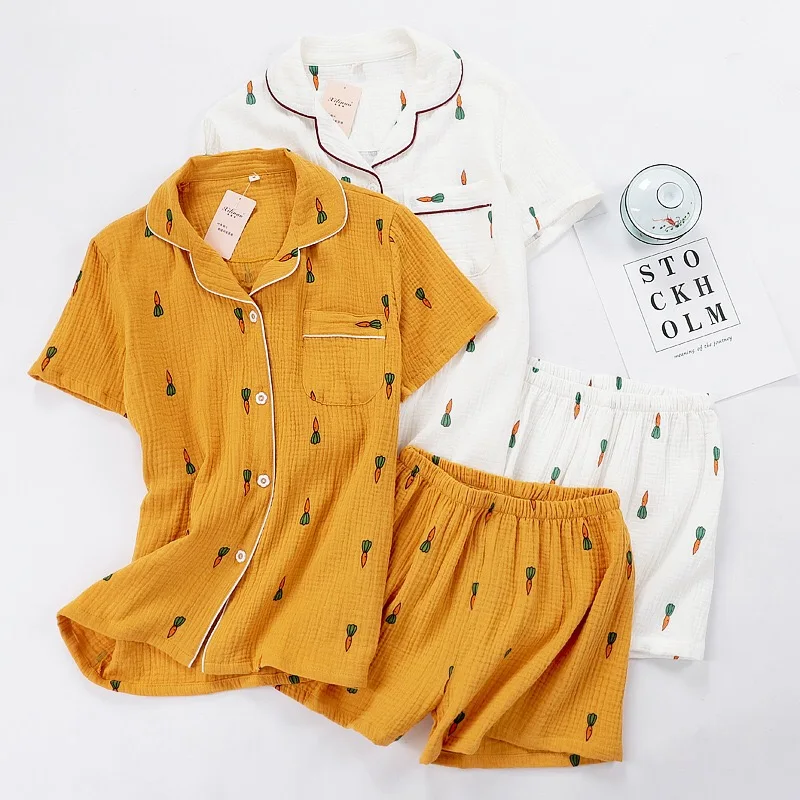 womens pyjama sets Women Pajamas Set Summer Comfort Gauze Cotton Turn-down Collar Sleepwear Set Ladies Thin Loose Cartoon Carrot Printed Homewear silk pjs