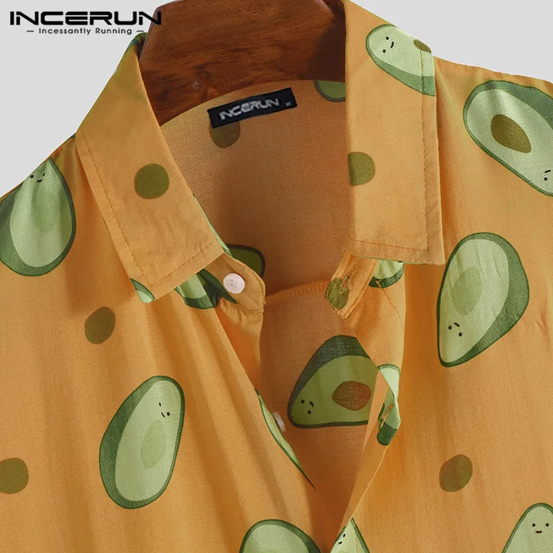 INCERUN Летняя мужская рубашка с принтом авокадо, воротник с отворотом, короткий рукав, повседневные топы, пляжные Гавайские рубашки, Мужская Уличная одежда