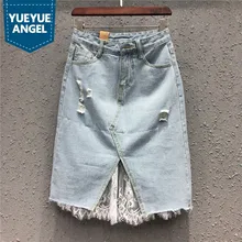 Женские джинсовые юбки в стиле ретро с рваными дырками, лето, новая кружевная Лоскутная Юбка До Колена с разрезом, Женская деловая джинсовая юбка для работы