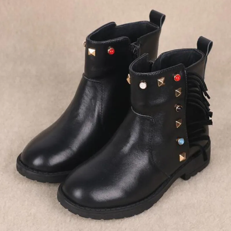 

New Children Boots Genuine Leather Girls Ankle Boots Student Baby Winter Warm Plush Snow Boots Kids Shoes Black Martin boots 02B