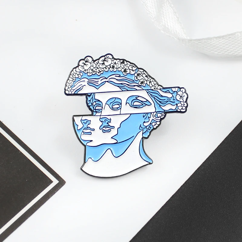 

Blue Art Sculpture Brooch Double-sided Misplaced Lady Statue Wreath Hair Enamel Pin Backpack Coat Lapel Badge Artist Friend Gift