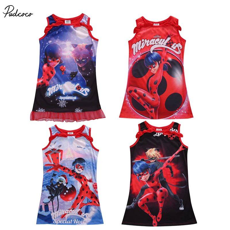 

hot fashion Kids Baby Girls Summer Miraculous Ladybug Lace Dress Beetles Cartoon Sleeveless Dress Casual print cotton Dress