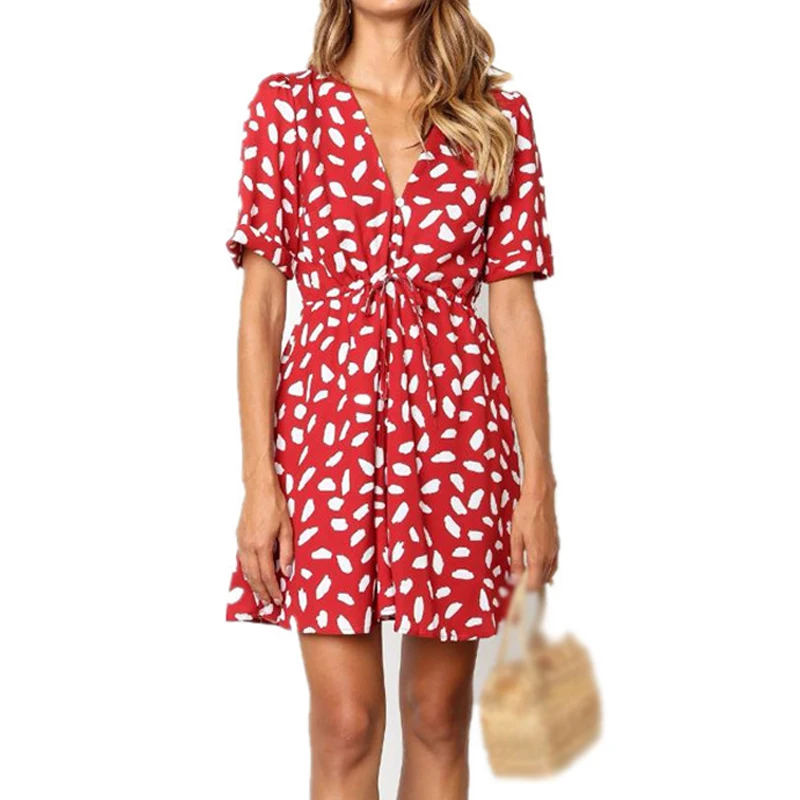 

Hot Sale Summer Dress Women Casual Deep V-neck Short Sleeve Vacation Beach Print Tie Up A Line Girl Dress Mini