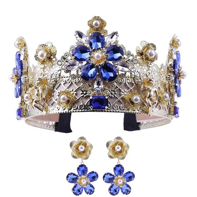 

Luxury Blue Rhinestone Crystal Big Crown Tiara de Noiva Bride Flower Baroque Diadem Earrings Wedding Accessories Jewelry Sets LB