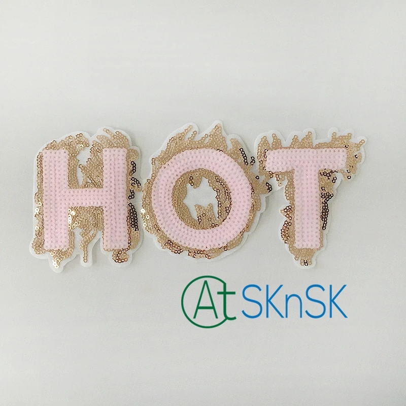 

New arrival 1pc 24*10.5cm big size patch pink HOT sequins Iron On popular Patches garment Appliques DIY accessory Free shipping