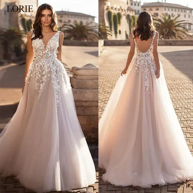 Lorie 2020 Vestidos De Novia Elegantes Con Escote En V Para Playa Sin Espalda 3d Con Apliques De Encaje Floral Vestidos De Tul Vestido De Novia De Talla Grande Aliexpress