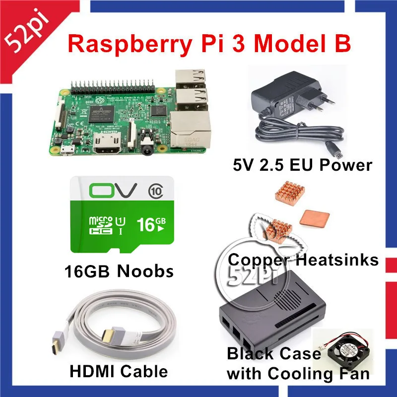 

52Pi Raspberry Pi 3 Model B NOOBS Starter Kit with Pi 3 Board+16G SD NOOBS+HDMI+EU/US/UK Power+Heatsinks+Case+Fan