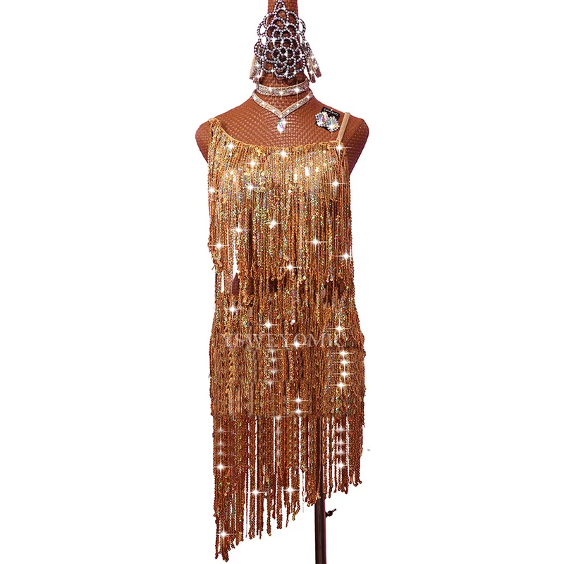 Профессиональное платье для латинских танцев, Женский взрослый костюм самбы с золотыми кисточками, одежда для выступлений, платья для латинских танцев