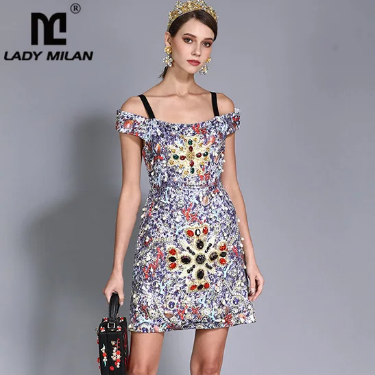 New Arrival 2018 Women's Slash Neckline Short Sleeves Rhinestones Crystals Beaded Summer Dresses Short Designer Runway Dresses