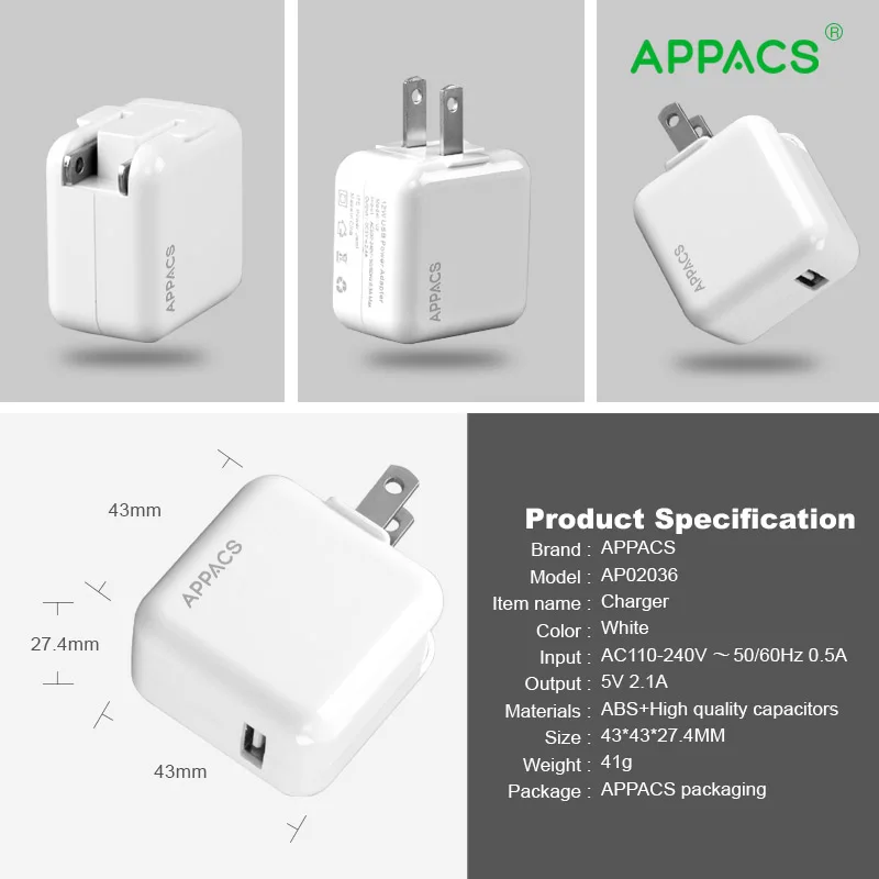 APPACS 5V 2.1A универсальное USB зарядное устройство для путешествий адаптер настенная