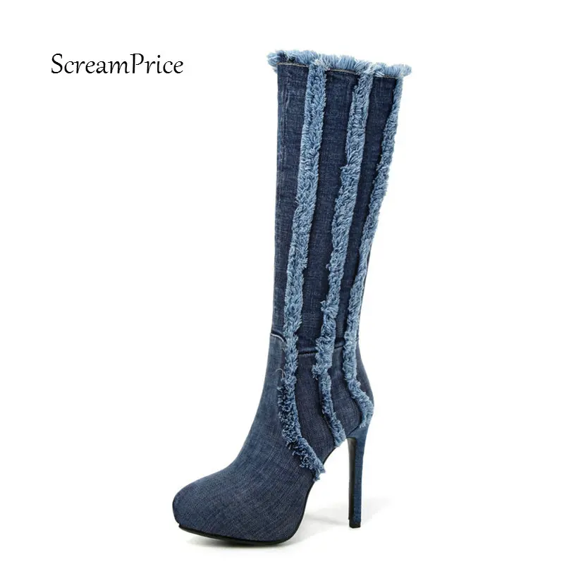 

Women Denim Sexy Thin High Heel Knee High Boots Fashion Zipper Boots Ladies Platform Round Toe Fall Winter Shoes Black Blue