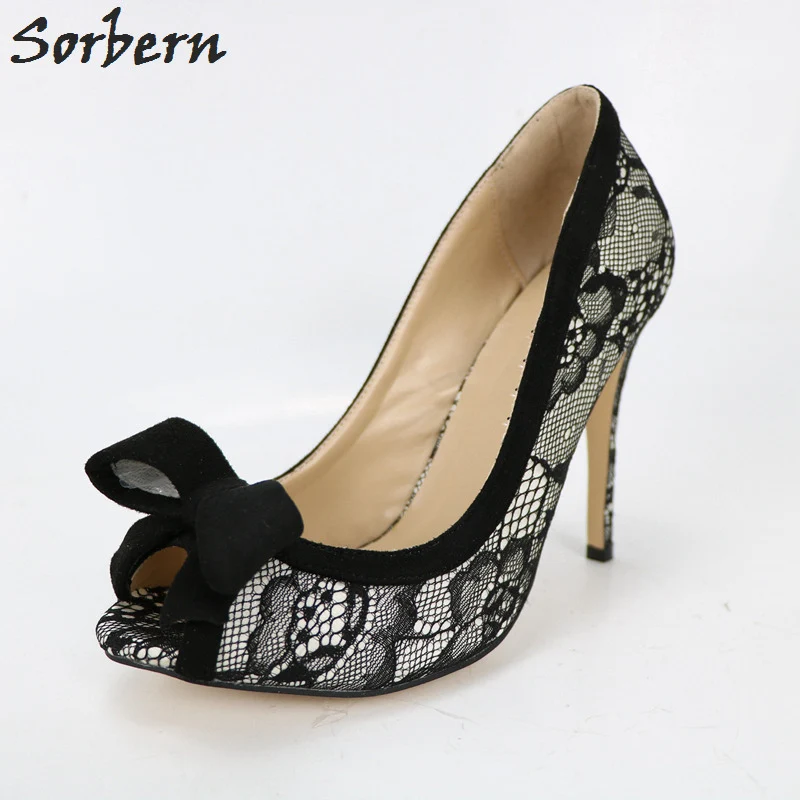 

Sorbern Black Lace Women Pumps Slip On Shoes Peep Toe Bow Womens Heels Latest Shoe Women Made-To-Order Sexy Party Heels