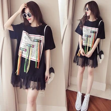 Лоскутная кружевная вязанная крючком плиссированная гофрированная кромка этикетка кисточкой сексуальный Топик с буквенным принтом хип-хоп Футболка Vestidos плюс размер 3XL футболка с длинным рукавом