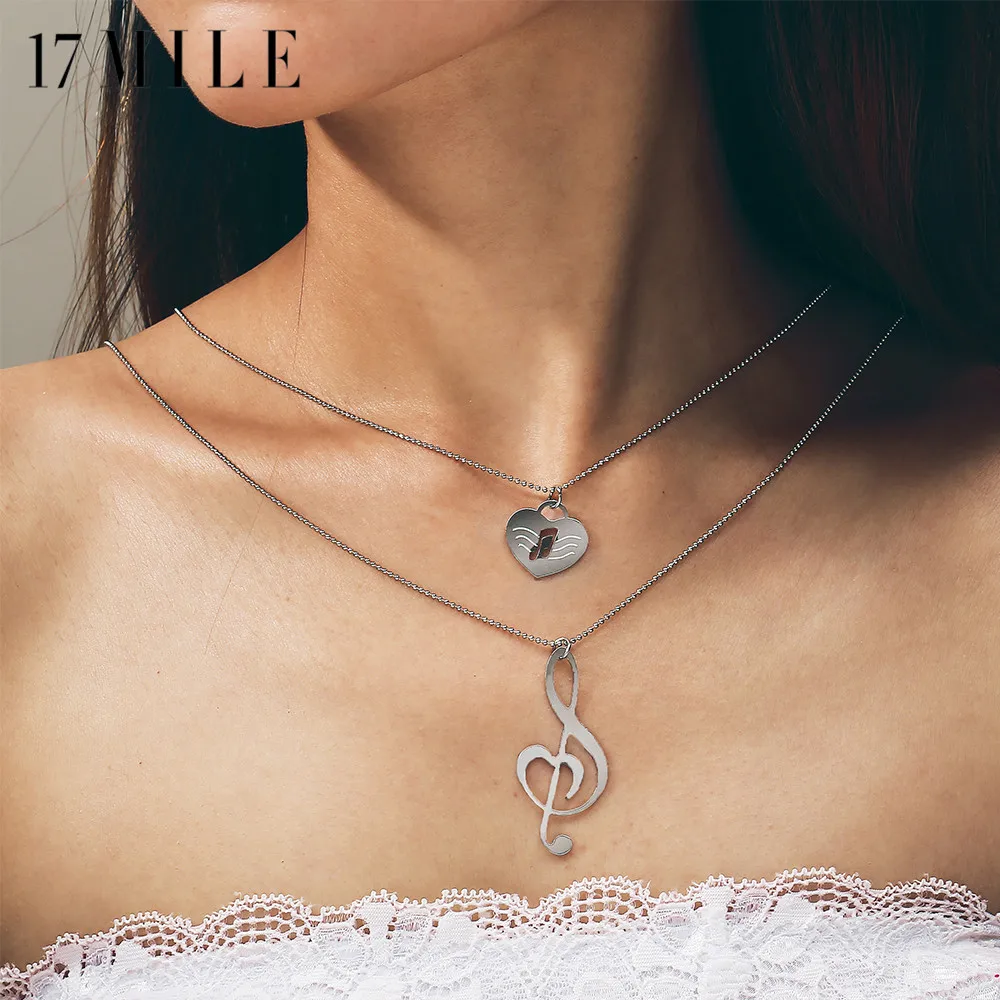 

17MILE Fashion Silver Color Heart Musical Note Pendant Necklaces For Women Statement Double Layer Charm Necklace Punk Jewelry