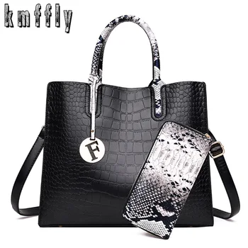 

2019 New Crocodile Pattern Women Handbag Designer Leather Ladies Shoulder Bag Large Capacity Crossbody Bag For Women Tote+Wallet