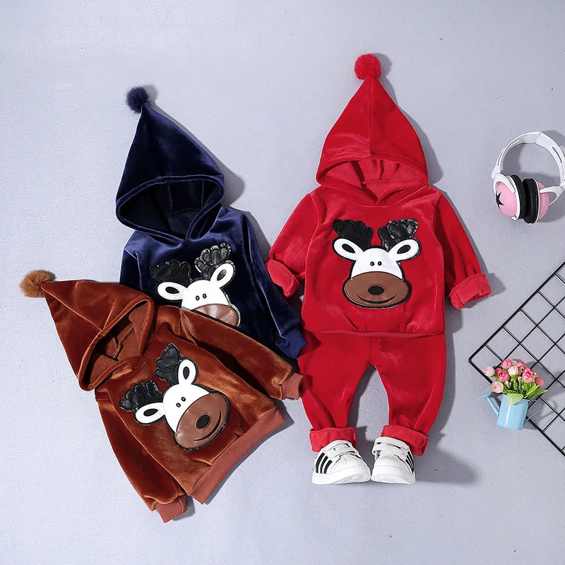 Г. Осенне-зимние комплекты одежды для маленьких девочек и мальчиков детская утепленная бархатная футболка с капюшоном и рисунком олененка детский спортивный костюм, одежда