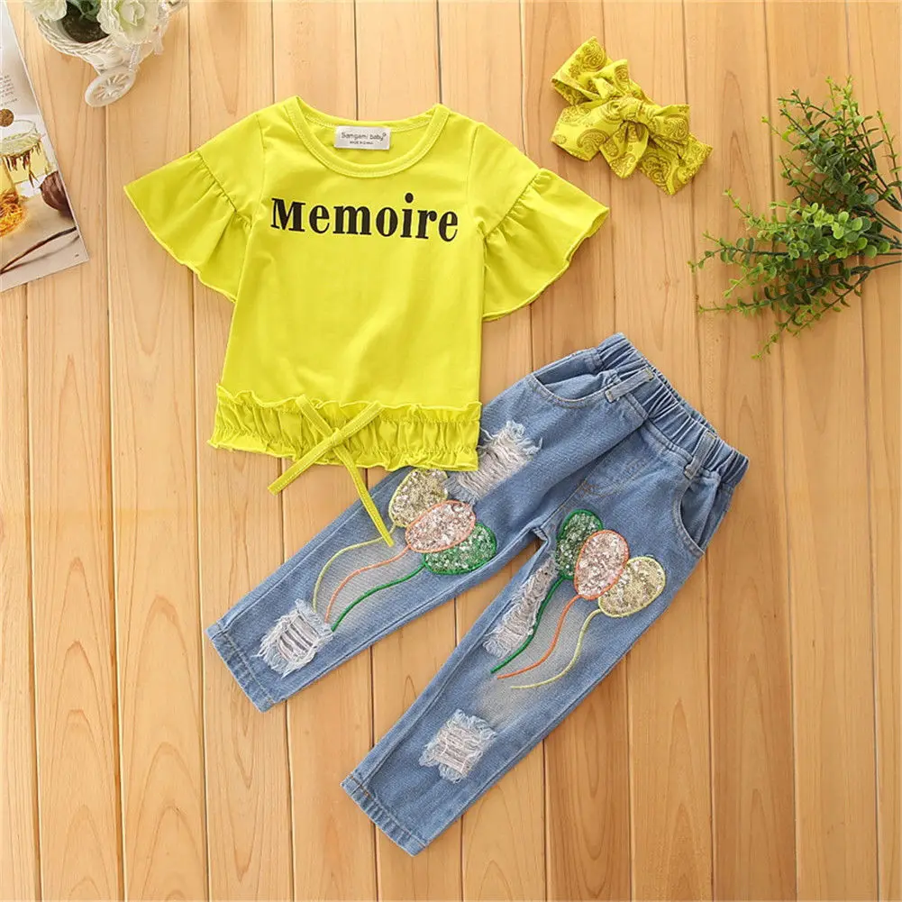 

2PCS Toddler Baby Girl Clothes Outfit T-shirt Tops+Ripped Denim Jeans Pants Set