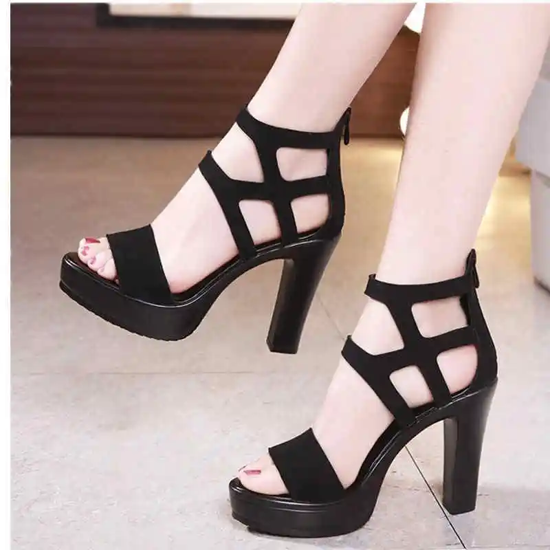 

Summer sexy fish mouth hollow Roman sandals thick with word with beaded high heels female summer Sexy female sandals heels