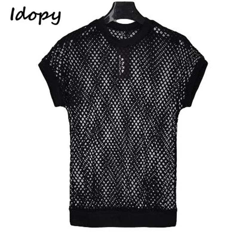 

Idopy Korean Summer Tshirt Men Brand New Slim Fit See Through Gothic Punk Pullovers Men Mesh Short sleeve Casual Tees T-shirt