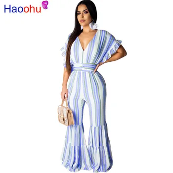 

HAOOHU 2019 New Sexy Elegant Style Fashion Women Jumpsuits Striped V-Neck Short Batwing Boot Cut Romper