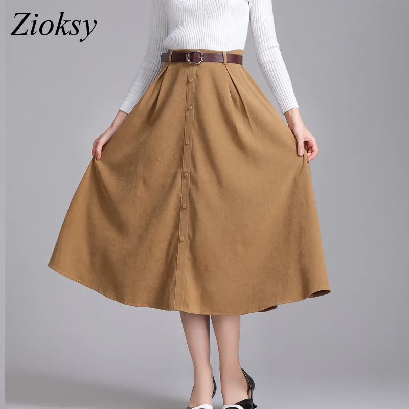 

Zioksy 2017 Autumn Winter Women Long A-Line Skirts Fashion Hight Waist Vintage Chamois Leather Suede Skirt Send Belt