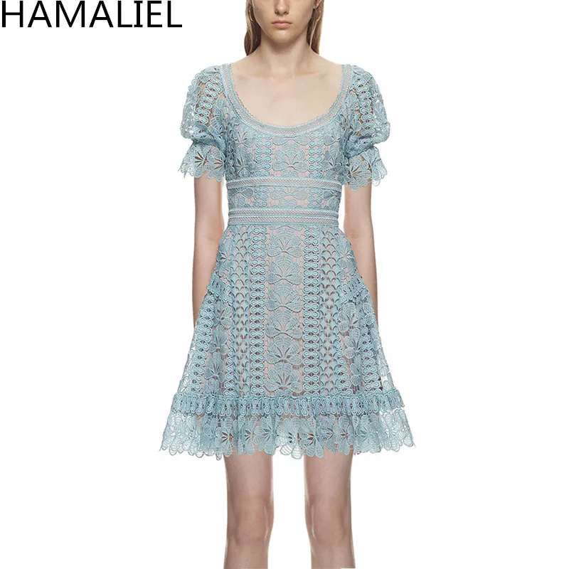 

HAMALIEL New Vintage Self Portrait Style Dress 2018 Runway Summer Women Puff Sleeve Blue Big O Neck Hollow Out Party Mini Dress