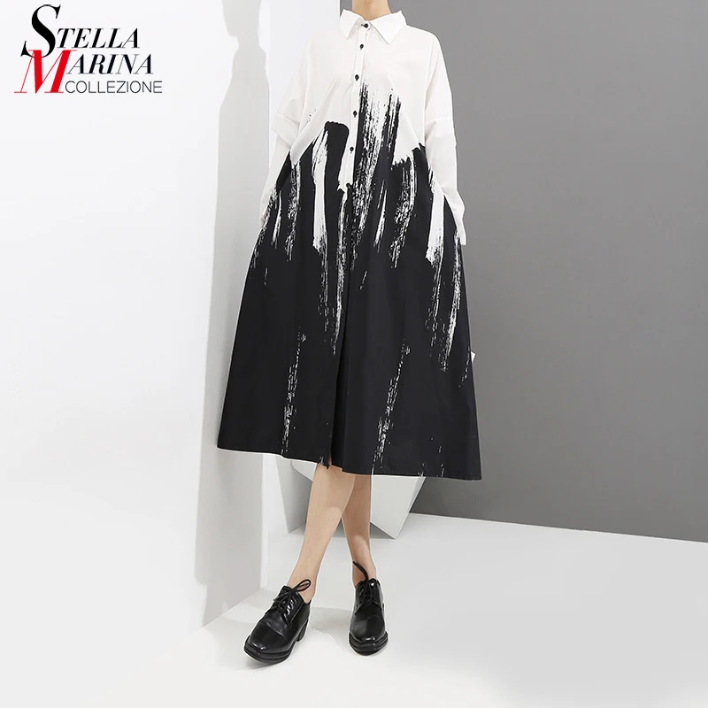 Achat Nouveau 2019 femmes automne cravate teint Style lâche blanc chemise Robe à manches longues imprimer dame grande taille partie Midi tenue décontractée Robe 3400