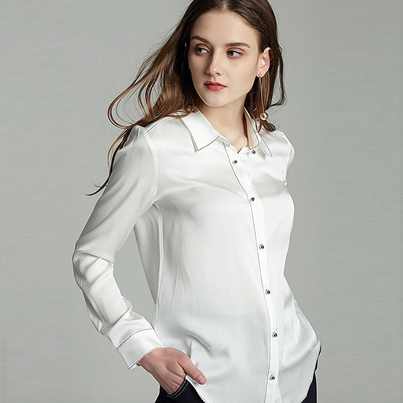 100% Silk Blouse Women Shirt Simple Design Turn Down Collar Decorative ...