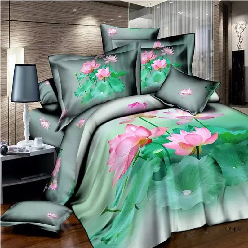 Green Lotus Leaves and Pink Lotus Flower Chinese Bedding Set Queen