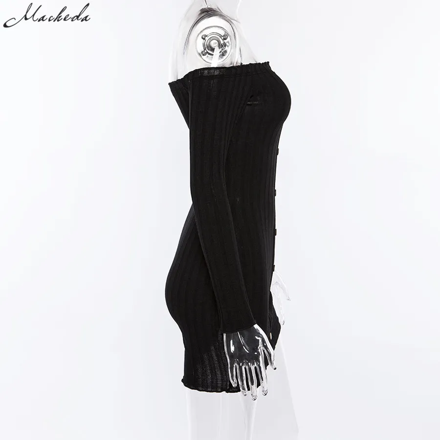 Macheda Женское короткое облегающее платье с пуговицами с длинным рукавом без бретелей с открытым плечом