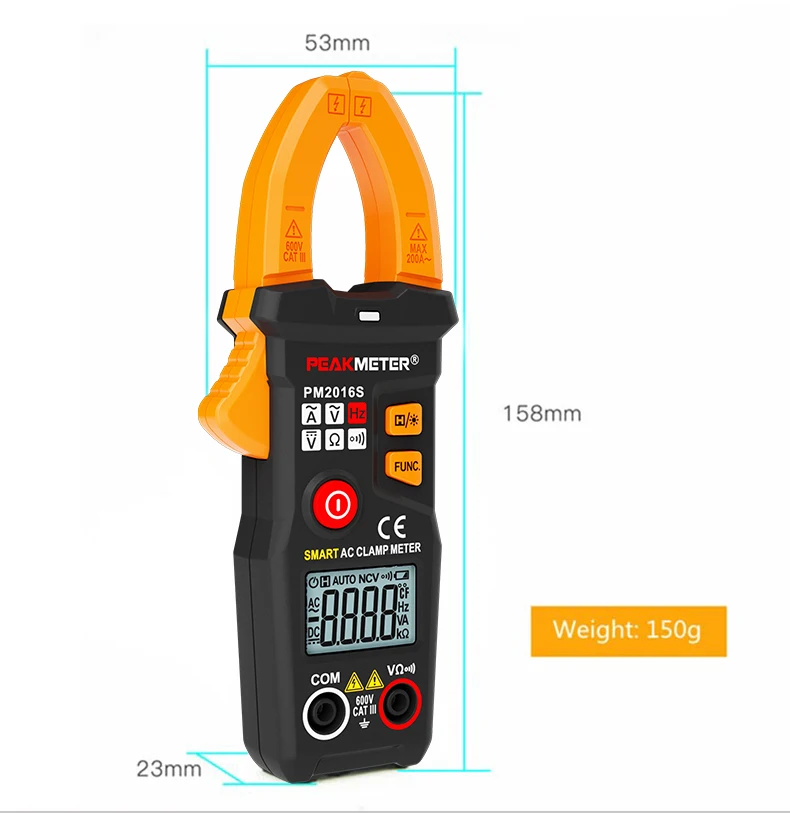 PEAKMETER PM2016S/PM2016A умный мини цифровой AC клещи 200A 600 В мультиметр с сопротивлением частоты удержания данных NCV тестер