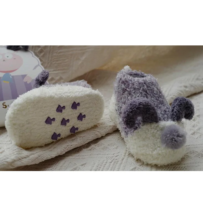 Новые модные Нескользящие Детские носки для малышей, сезон осень-зима милые детские носки с ушками из мультфильмов - Цвет: Gray purple sheep