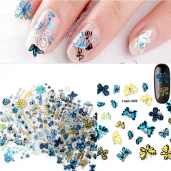 3D Золотой синий сверкающих бабочка надписи 15 листов горячего тиснения Nail Книги по искусству наклейки Дизайн самоклеящиеся ногтей Книги по