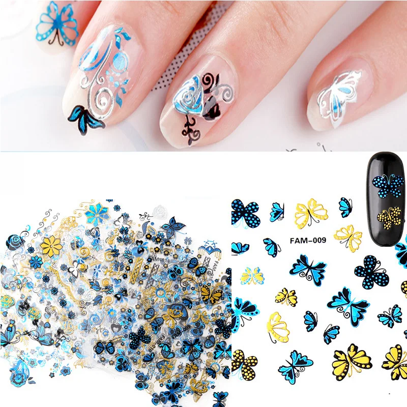 

3D Gold Blue Shinning Butterfly Decals 15 sheets Hot Stamping Nail Art Stickers Design Self Adhesive Nail Art DIY Decoration