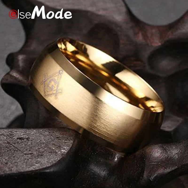 ELSEMODE Masonic Black Silver Color Gold 316 Stainless Steel Ring 8 mm For Men Boy Freemasonry Gifts Jewelry|Обручальные кольца| |